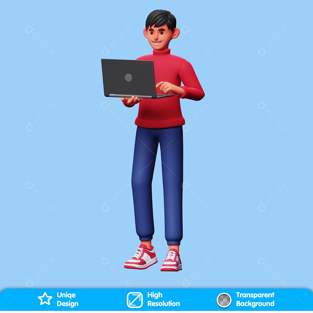 Personagem Mexendo No Notebook Elemento 3D Para Composição PSD