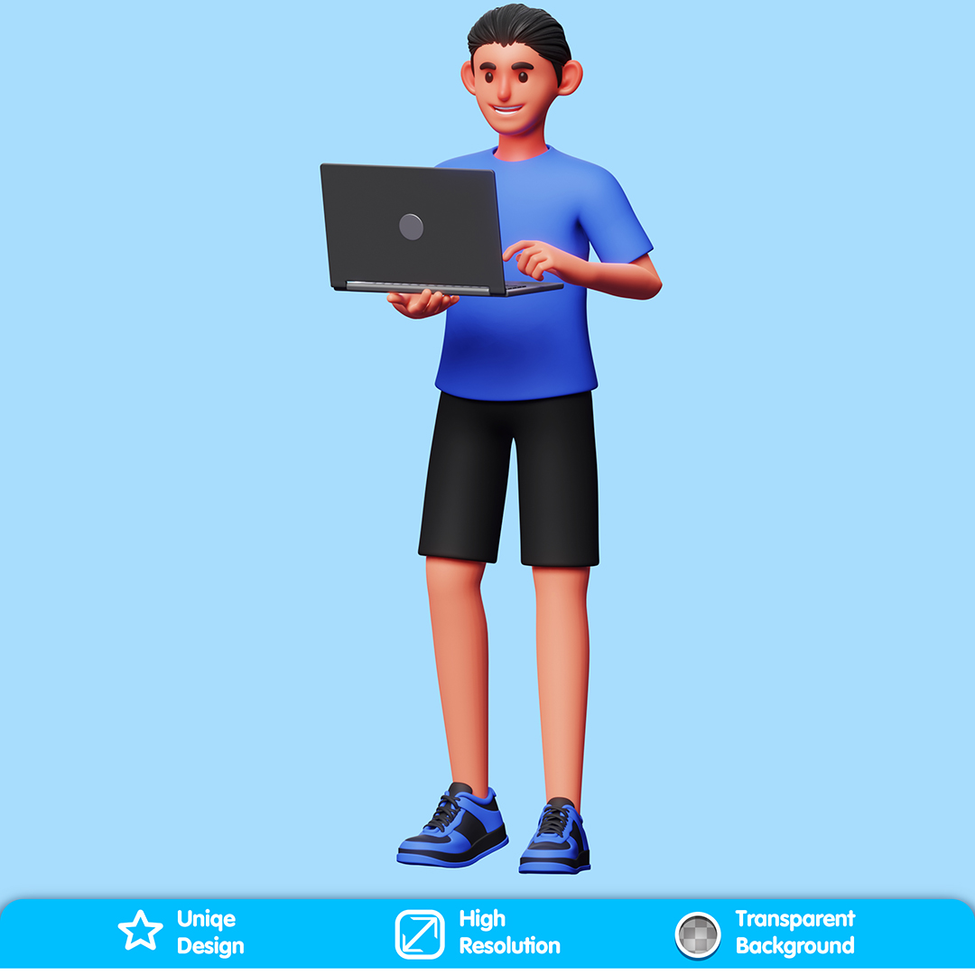 Personagem Mexendo No Notebook Elemento 3D Para Composição PSD