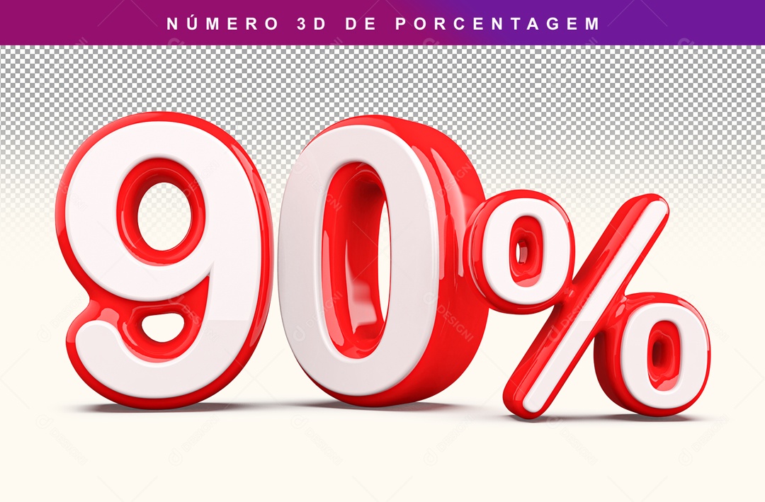Número 3D Branco e Vermelho 90% Para Composição PSD