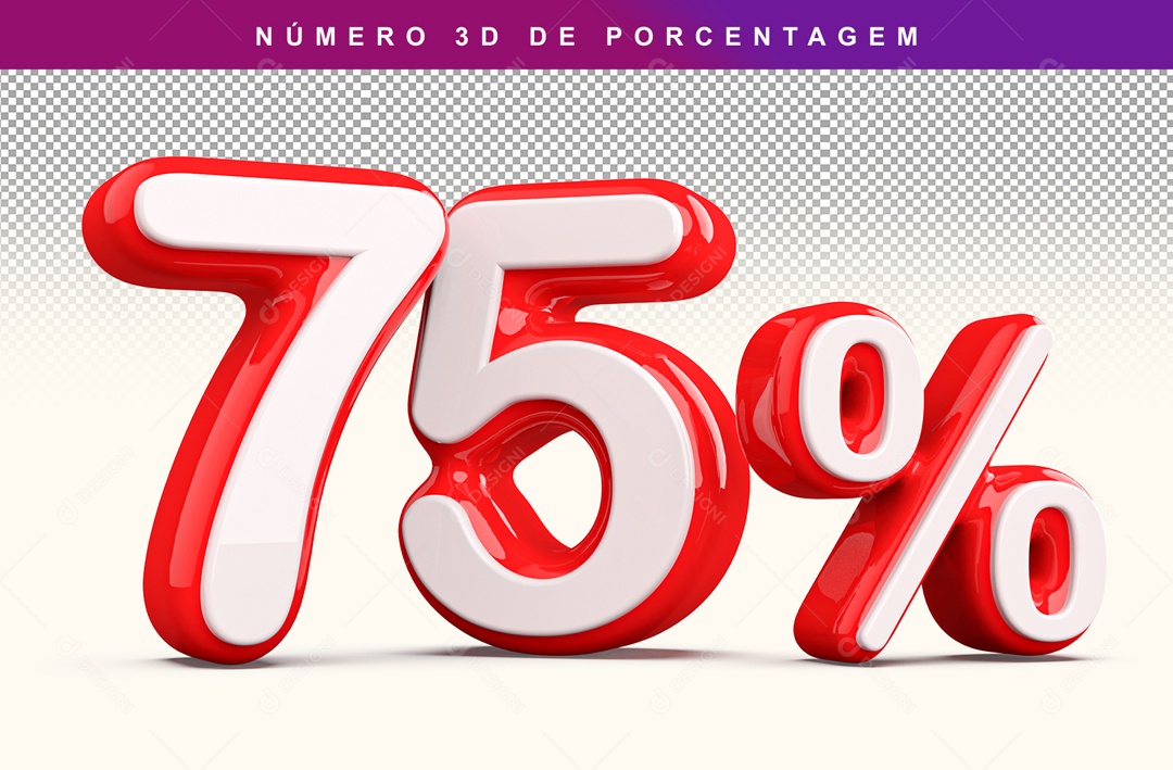 Número 3D Branco e Vermelho 75% Para Composição PSD