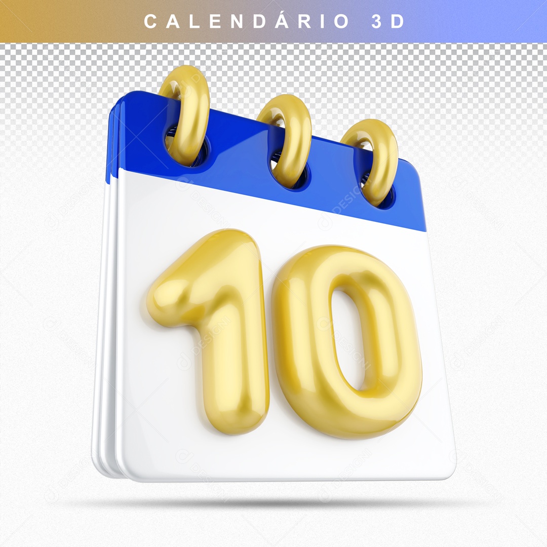Calendário 3D Azul e Dourado Dia 10 Para Composição PSD