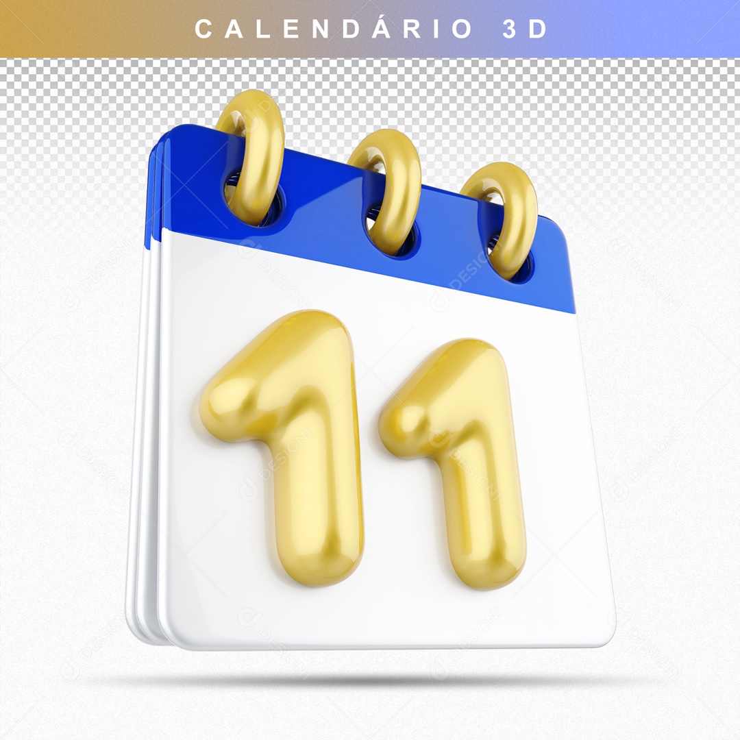 Calendário 3D Azul e Dourado Dia 11 Para Composição PSD