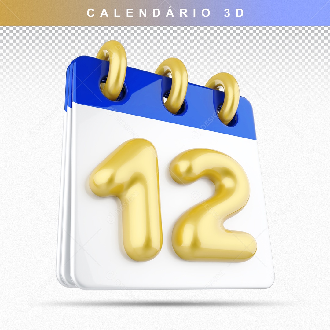 Calendário 3D Azul e Dourado Dia 12 Para Composição PSD