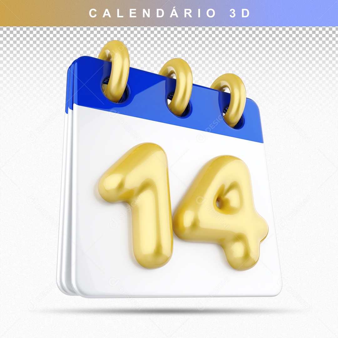 Calendário 3D Azul e Dourado Dia 14 Para Composição PSD