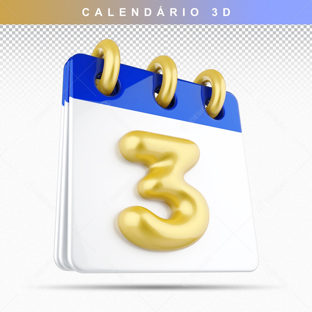 Calendário 3D Azul e Dourado Dia 3 Para Composição PSD