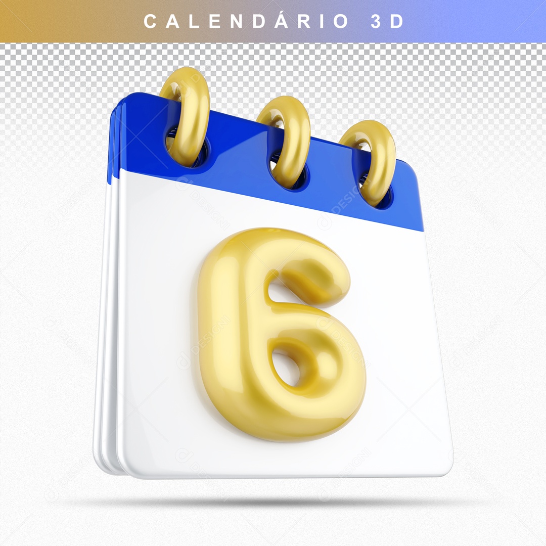 Calendário 3D Azul e Dourado Dia 6 Para Composição PSD