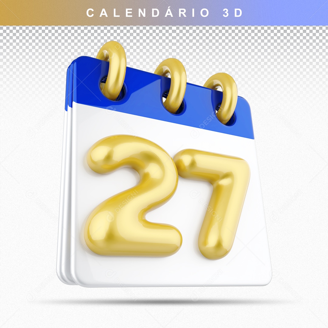 Calendário 3D Azul e Dourado Dia 27 Para Composição PSD