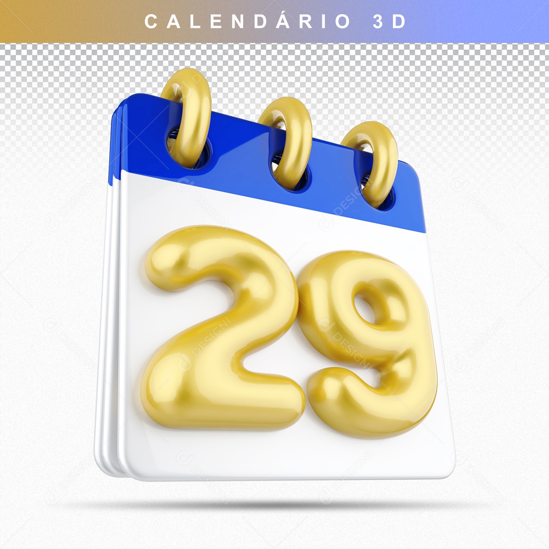Calendário 3D Azul e Dourado Dia 29 Para Composição PSD