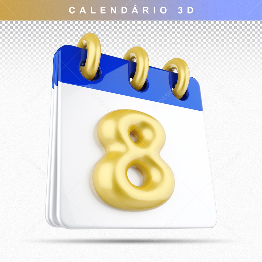 Calendário 3D Azul e Dourado Dia 8 Para Composição PSD