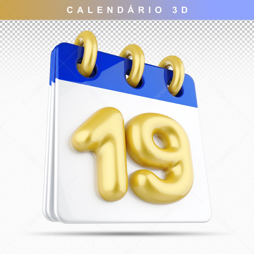 Calendário 3D Azul e Dourado Dia 19 Para Composição PSD