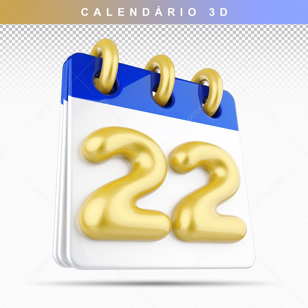 Calendário 3D Azul e Dourado Dia 22 Para Composição PSD