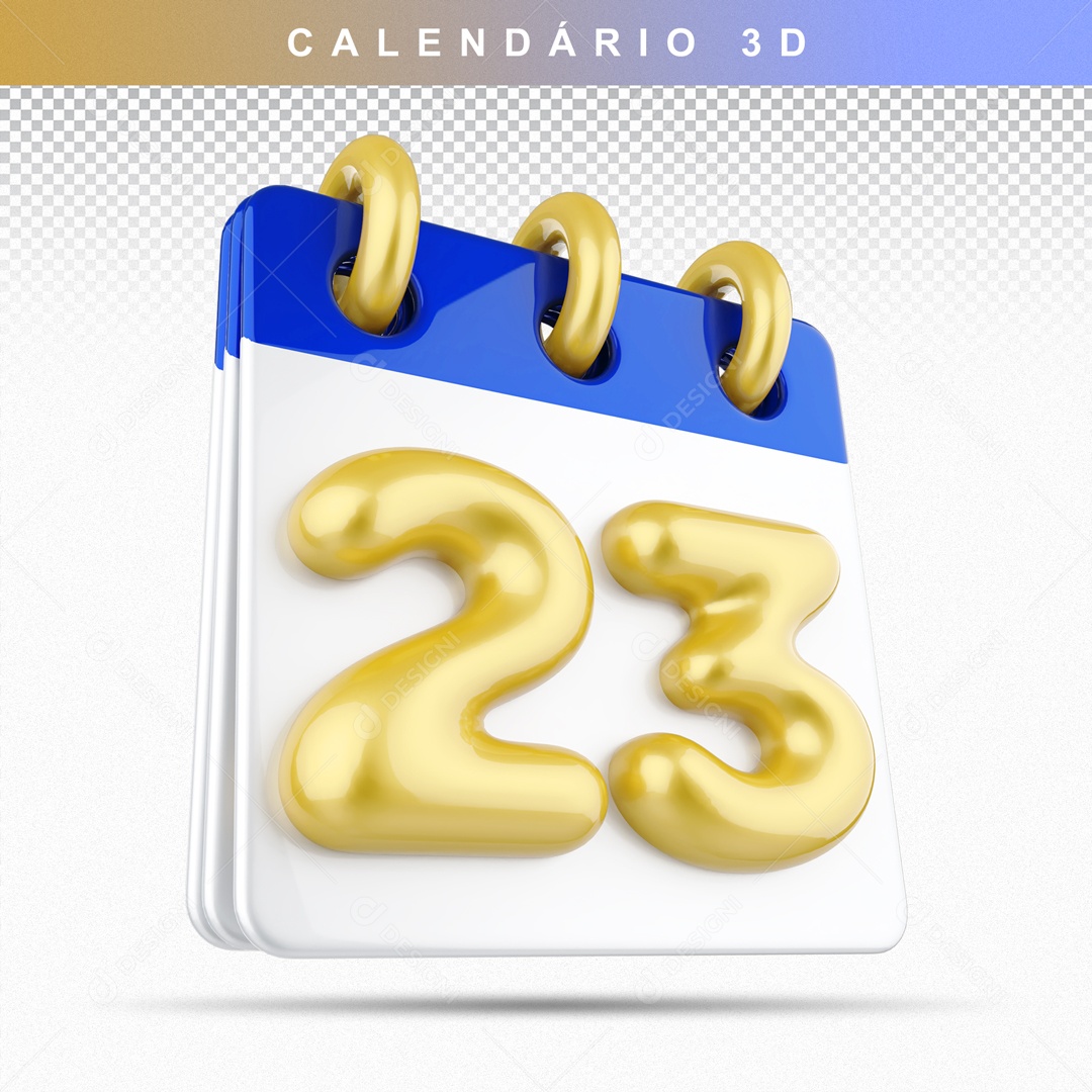 Calendário 3D Azul e Dourado Dia 23 Para Composição PSD