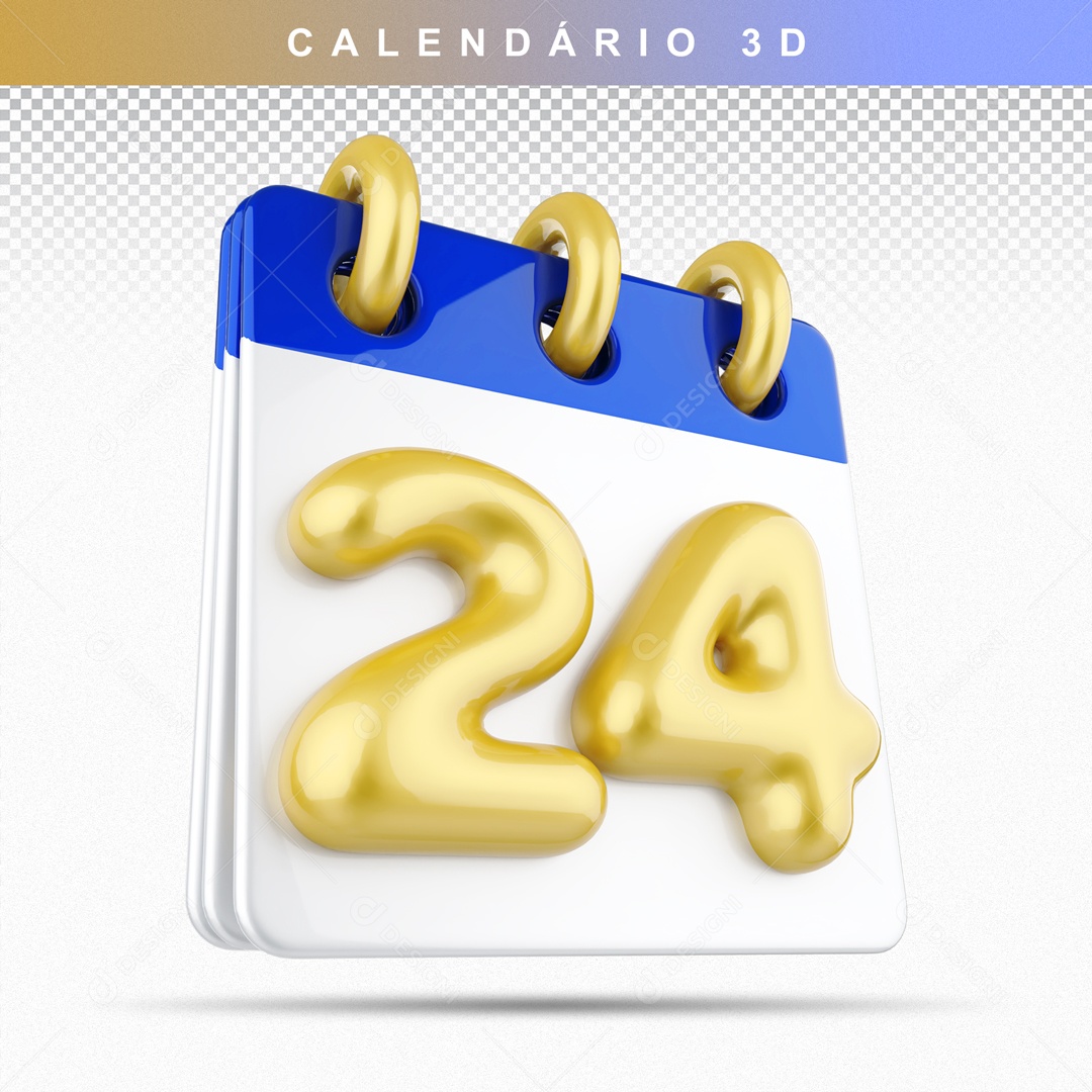 Calendário 3D Azul e Dourado Dia 24 Para Composição PSD