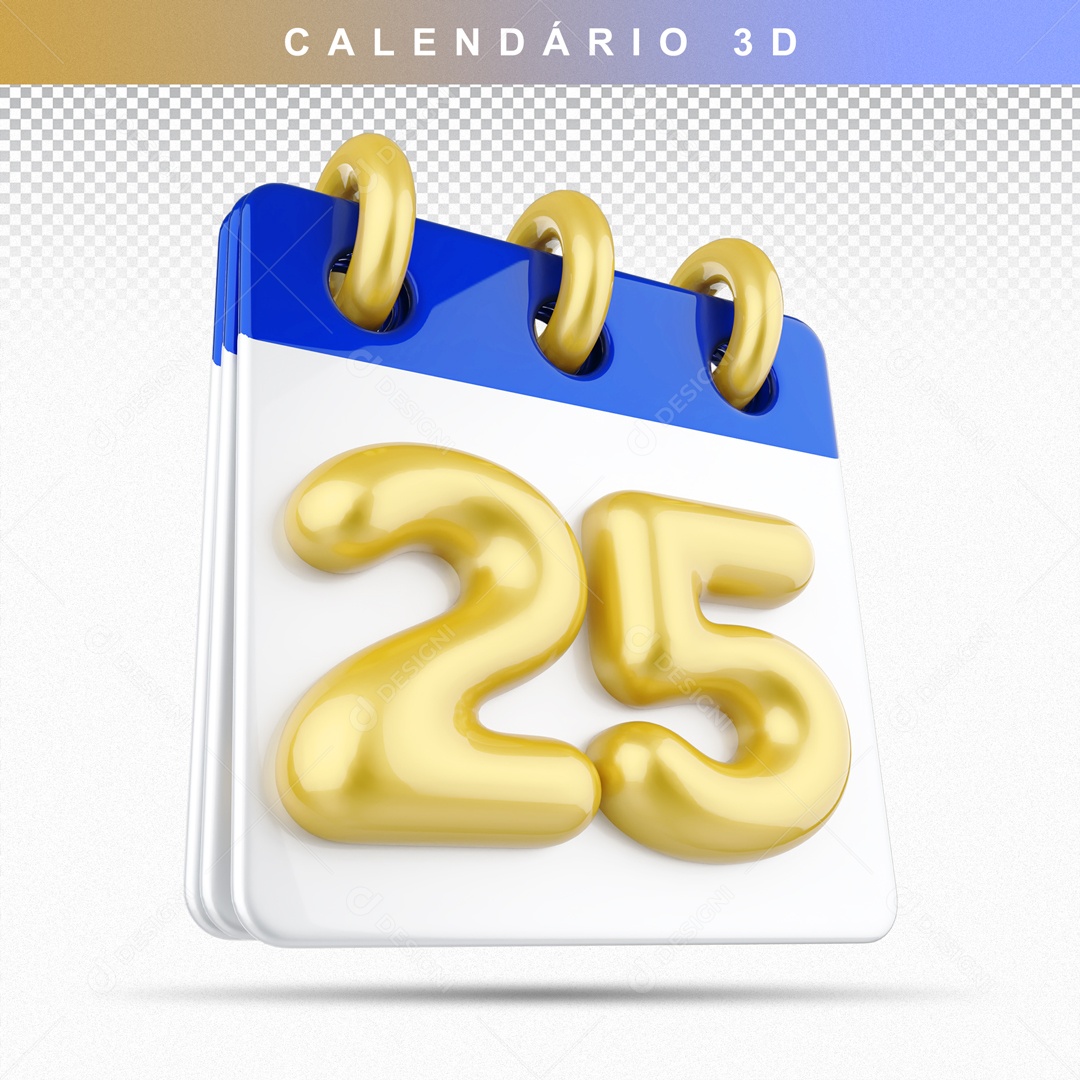 Calendário 3D Azul e Dourado Dia 25 Para Composição PSD
