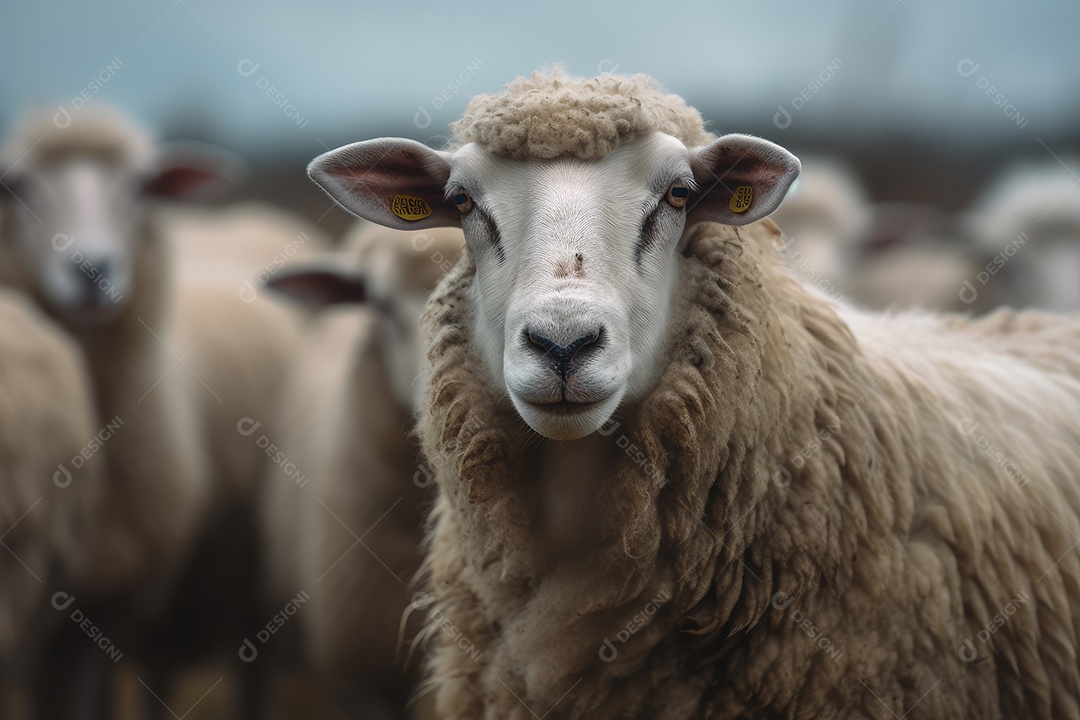 Ovelhas olhando para a câmera em um pasto de fazenda gerado por IA