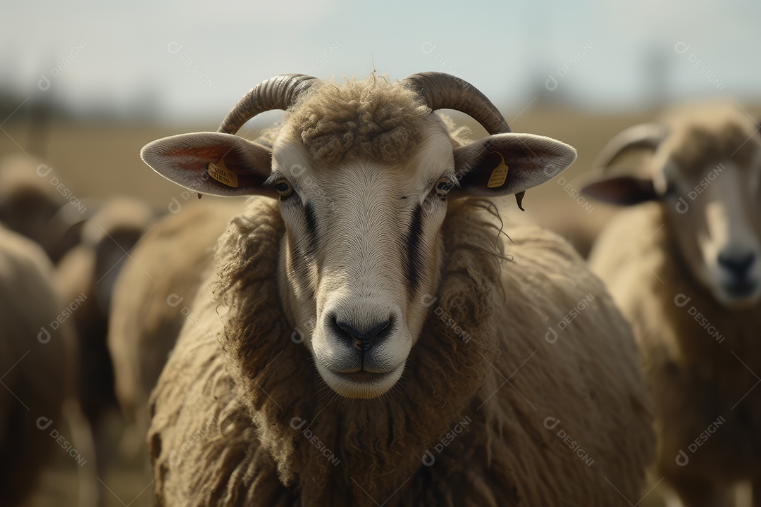 Ovelhas olhando para a câmera em um pasto de fazenda gerado por IA