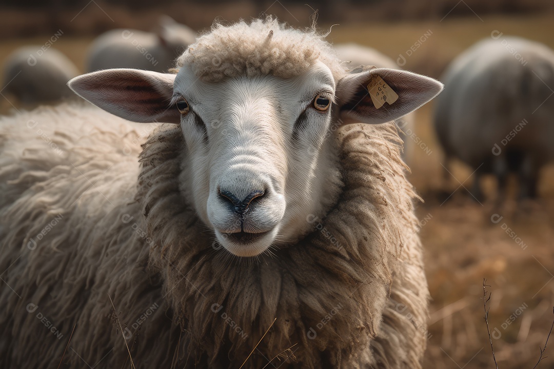 Ovelhas olhando para a câmera em um pasto de fazenda gerado por IA