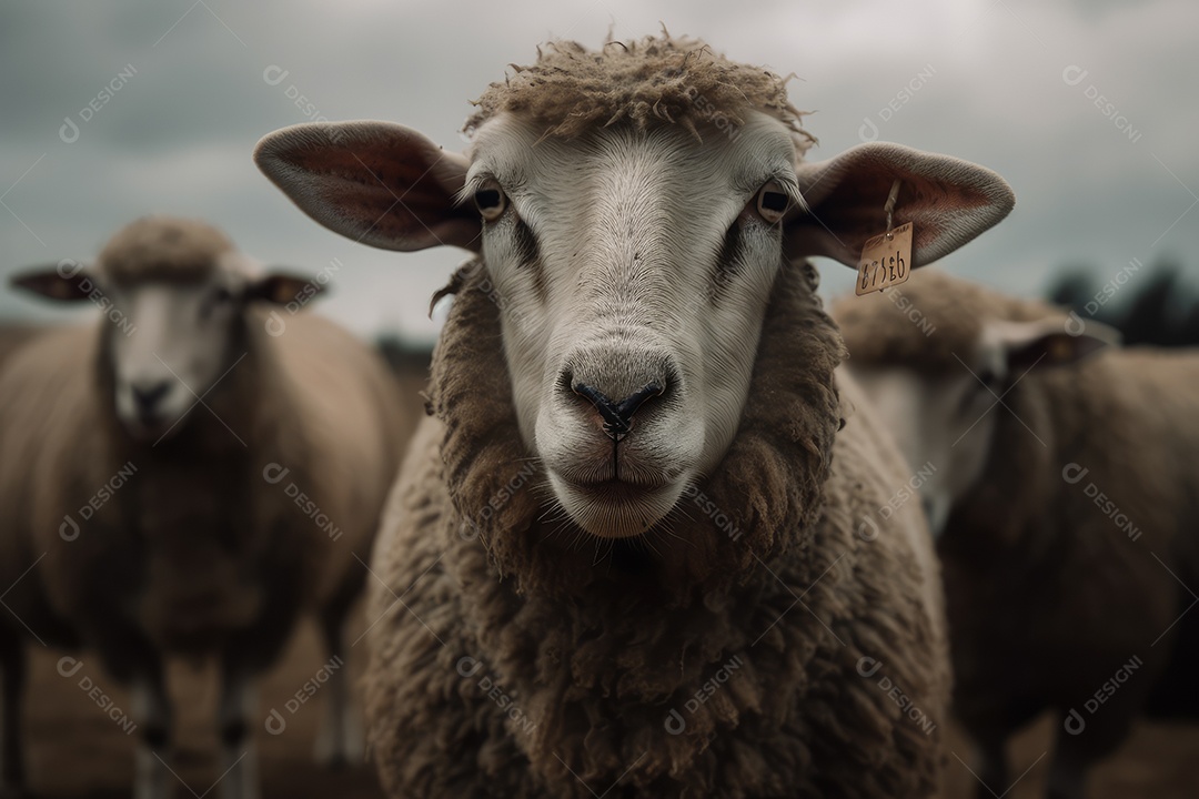 Ovelhas olhando para a câmera em um pasto de fazenda gerado por IA