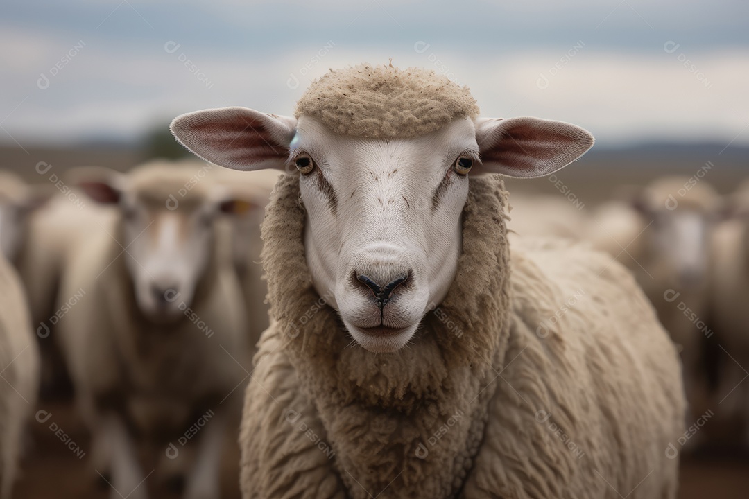 Ovelhas olhando para a câmera em um pasto de fazenda gerado por IA