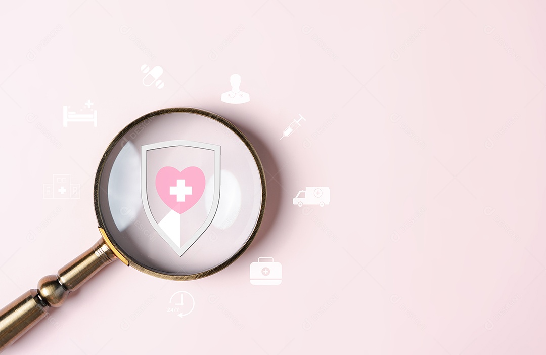 Conceito de seguro de saúde. as pessoas mão segurando o foco da lupa para sinal de adição e ícone de proteção.