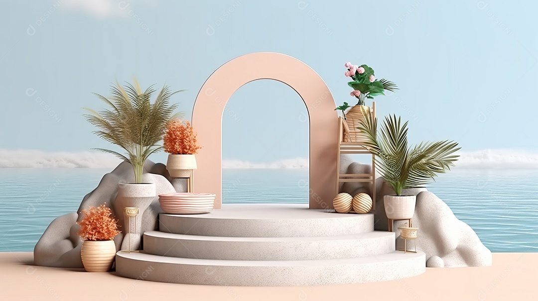 Maquete do palco do pódio para exibição do produto decorado Verão, a estação mais quente Generative AI.