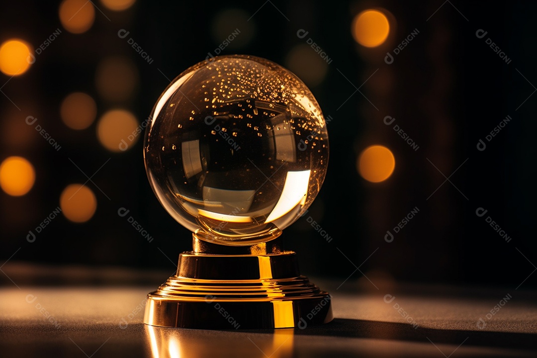 Lindo troféu de bola de vidro dourada sobre fundo de luzes desfocada