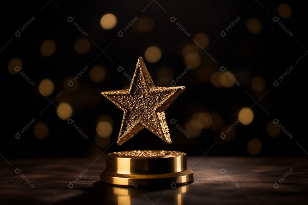 Lindo troféu de estrela dourada sobre fundo de luzes desfocada