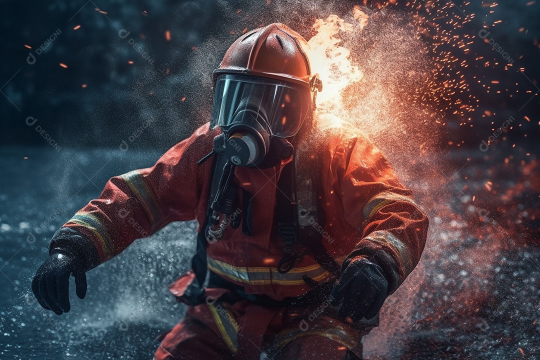 Bombeiro usando água e extintor para lutar contra incêndio