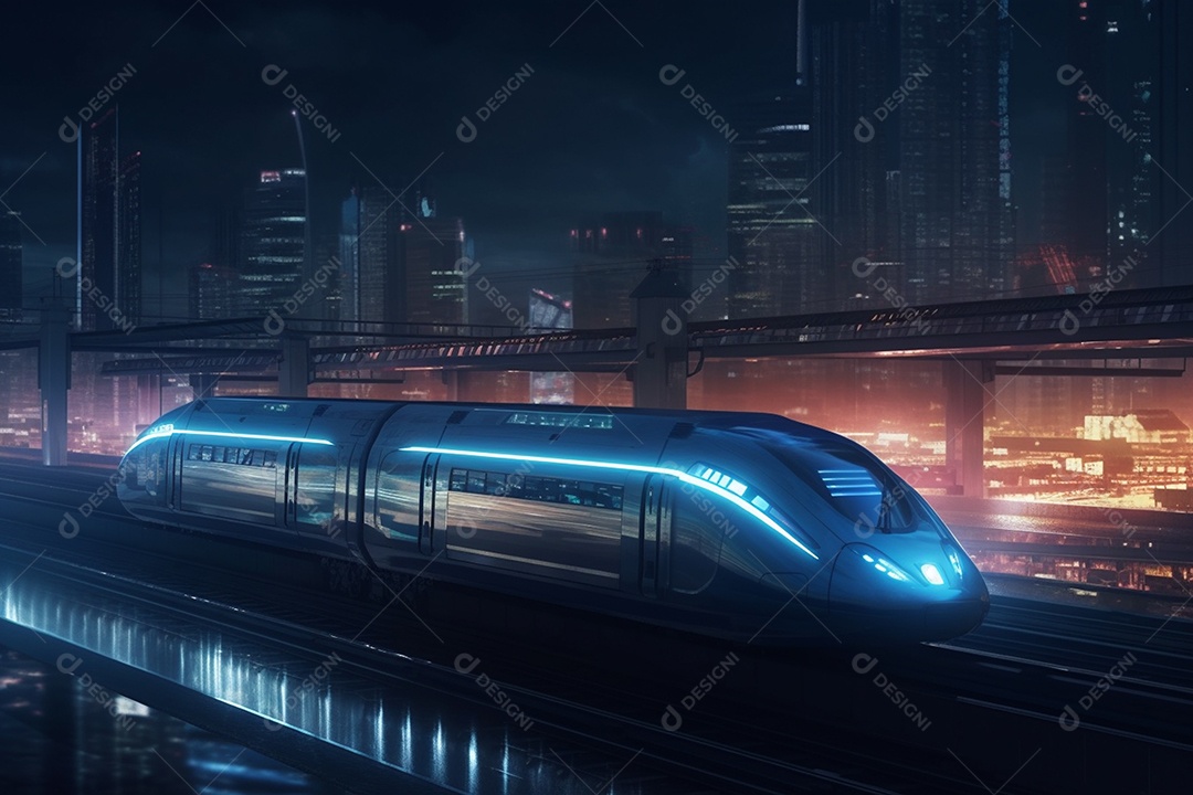 Trem bala em alta velocidade em estação pela paisagem urbana desfocada