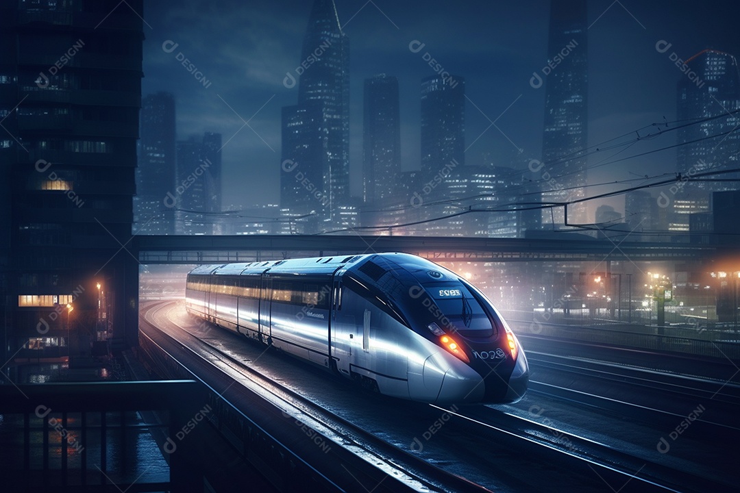 Trem bala em alta velocidade em estação pela paisagem urbana desfocada