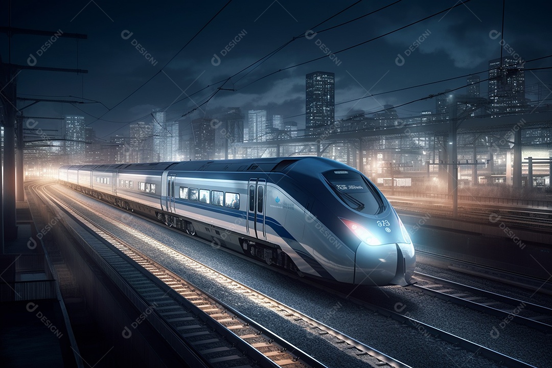 Trem bala em alta velocidade em estação pela paisagem urbana desfocada