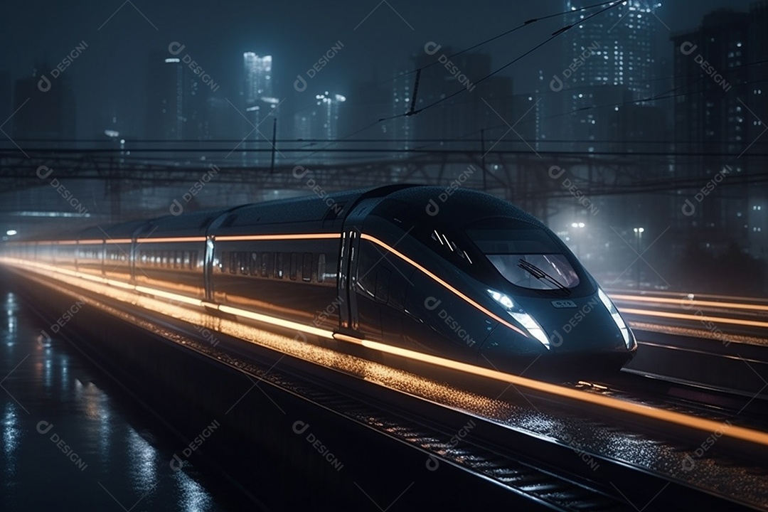 Trem bala em alta velocidade em estação pela paisagem urbana desfocada