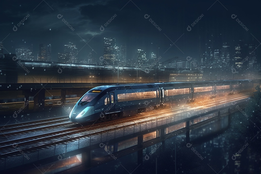 Trem bala em alta velocidade em estação pela paisagem urbana desfocada