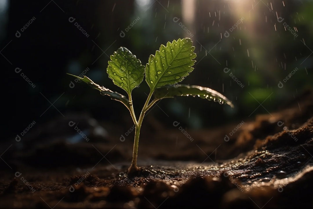 Linda plantinha jovem com gotas de água de chuva sobre luz do sol