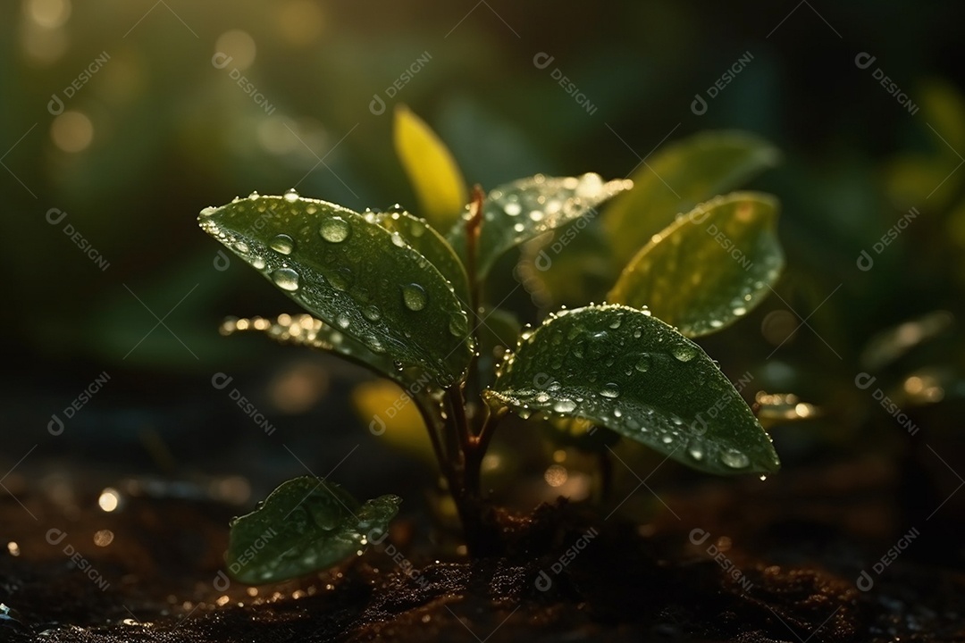 Linda plantinha jovem com gotas de água de chuva sobre luz do sol