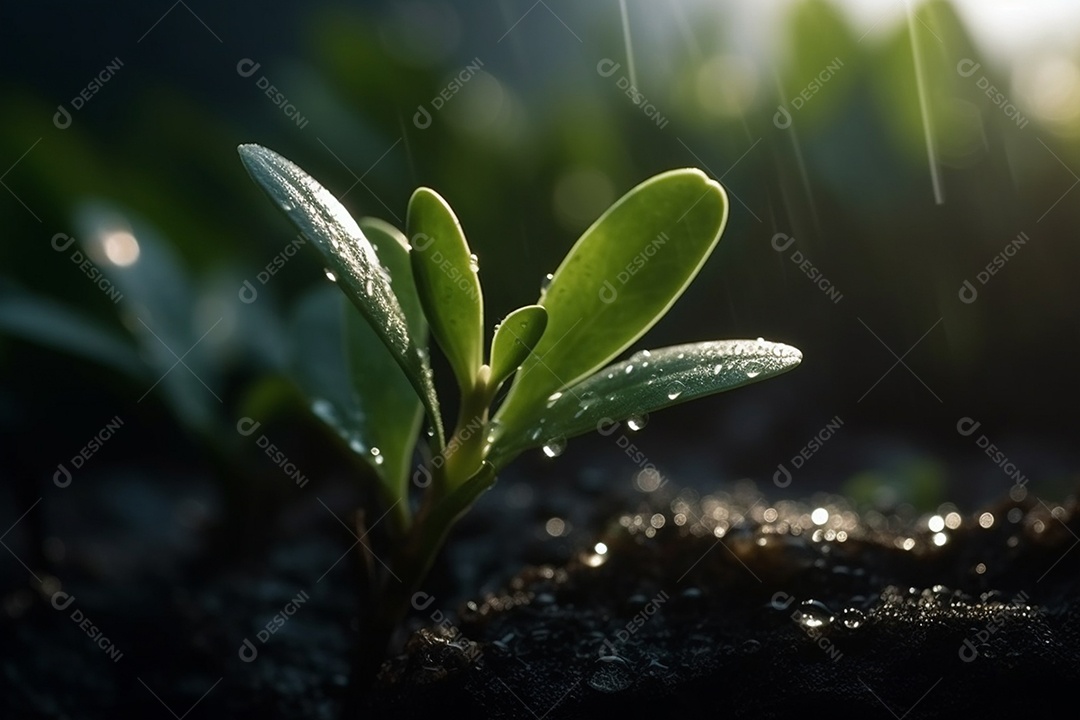 Linda plantinha jovem com gotas de água de chuva sobre luz do sol