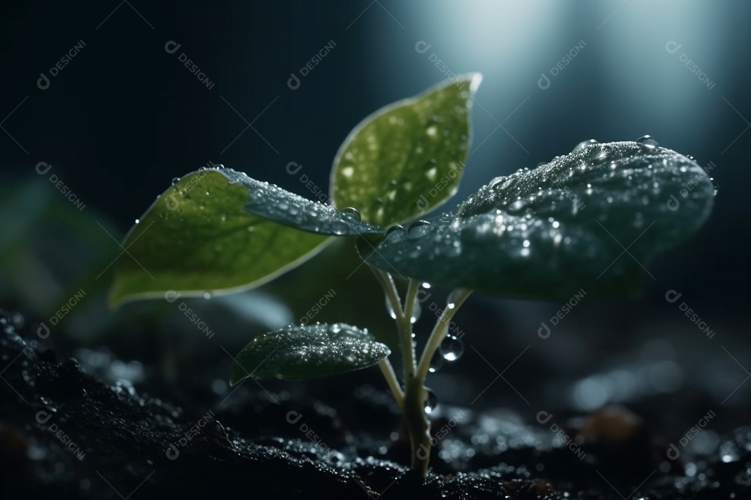 Linda plantinha jovem com gotas de água de chuva sobre luz do sol