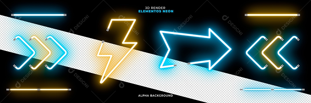 Elemento 3D Led Azul E Amarelo Neon Para Composição PSD