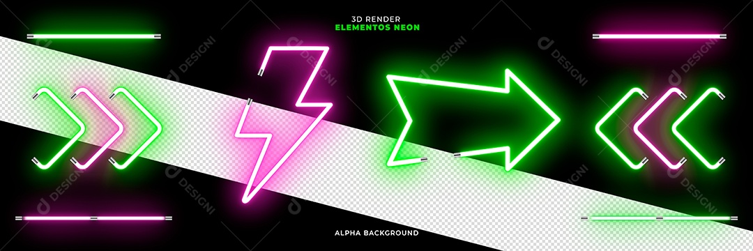 Elemento 3D Led Verde E Roxo Neon Para Composição PSD