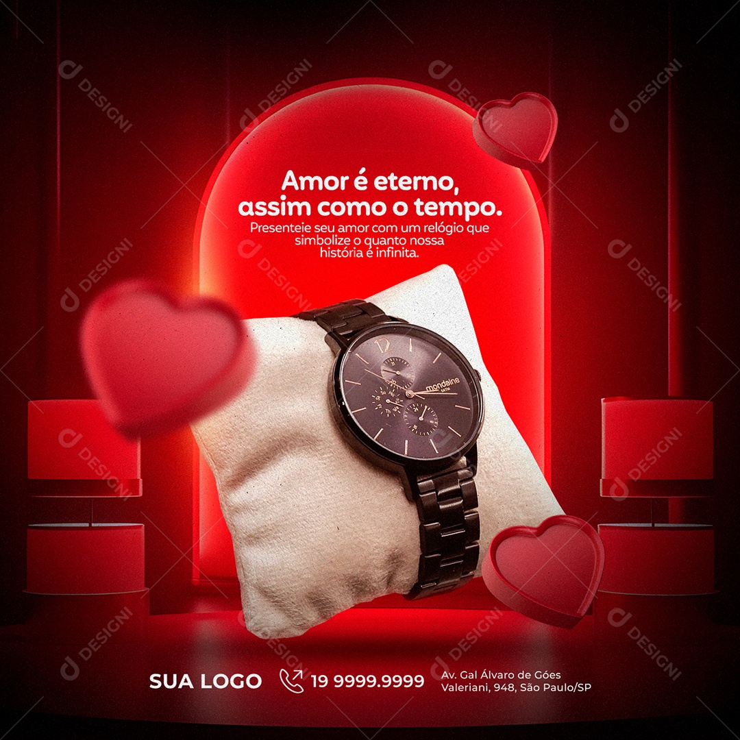 Amor é Eterno Assim Como o Tempo Dia Dos Namorados Relojoaria Social Media PSD Editável