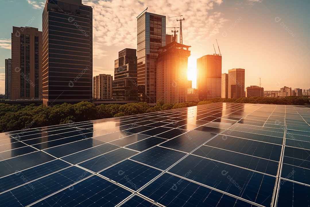 Painéis solares em cima de prédios residenciais em uma cidade grande ao fundo.