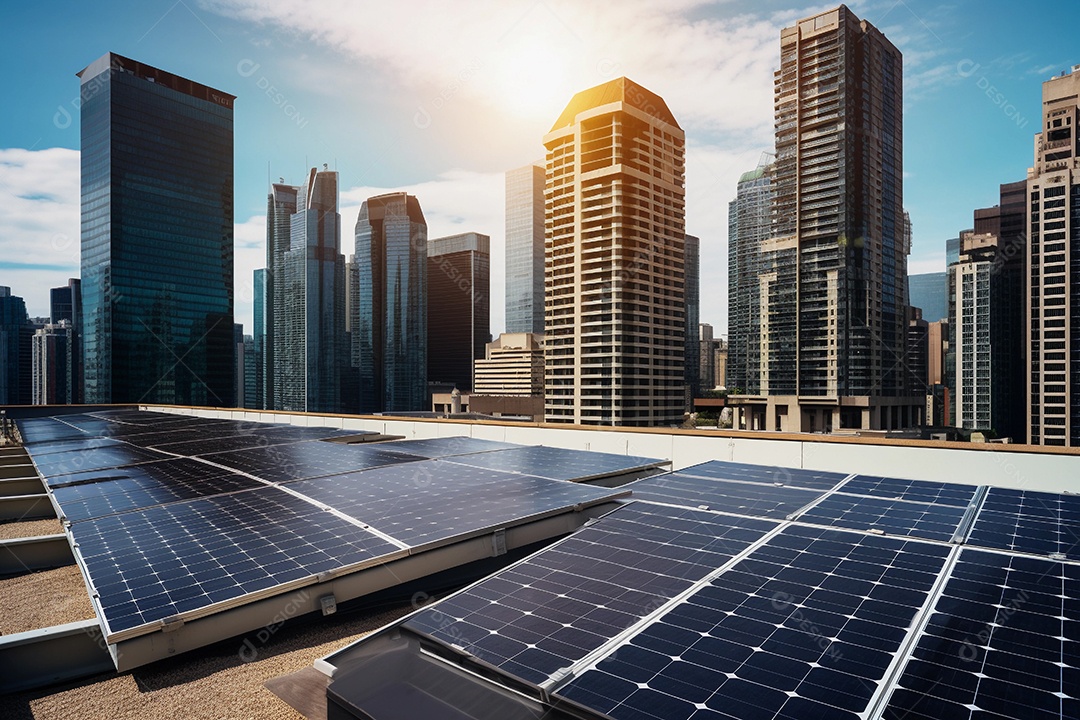 Painéis solares em cima de prédios residenciais em uma cidade grande ao fundo.
