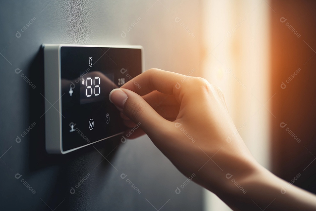 Pessoa ajustando a temperatura no termostato digital em casa. energia limpa.