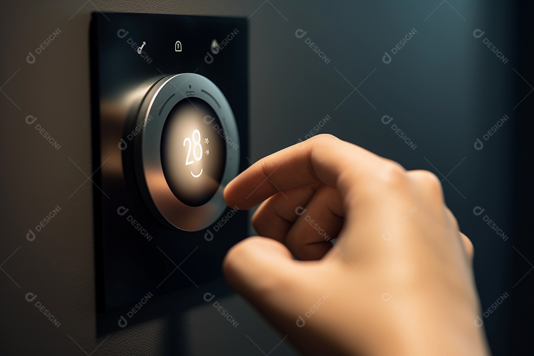 Pessoa ajustando a temperatura no termostato digital em casa. energia limpa.