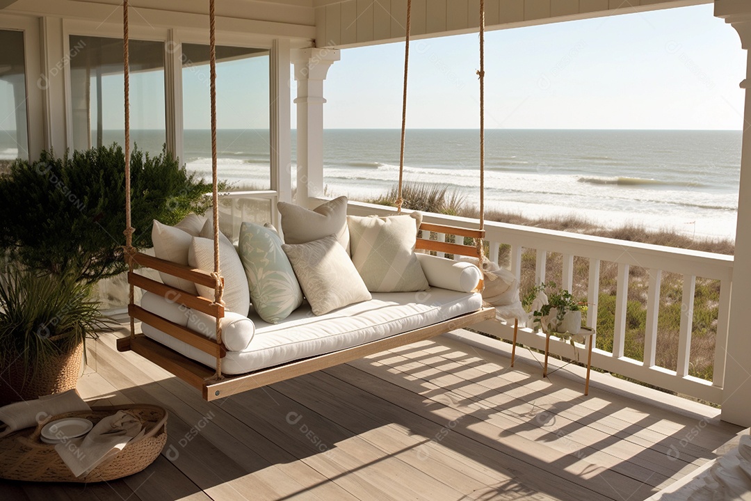 Interior de luxo da casa de praia com vista para o mar.