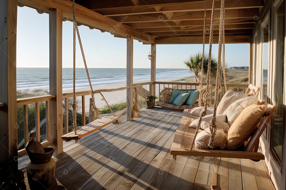 Interior de luxo da casa de praia com vista para o mar.