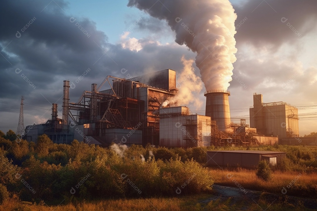Indústria poluindo o meio ambiente com fumaça densa para o céu.
