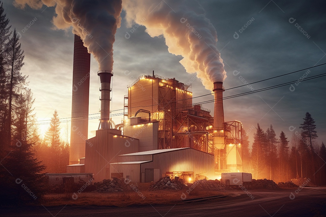Indústria poluindo o meio ambiente com fumaça densa para o céu.