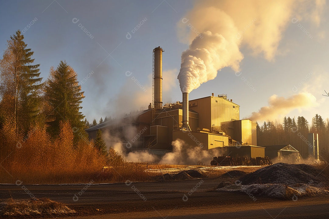 Indústria poluindo o meio ambiente com fumaça densa para o céu.