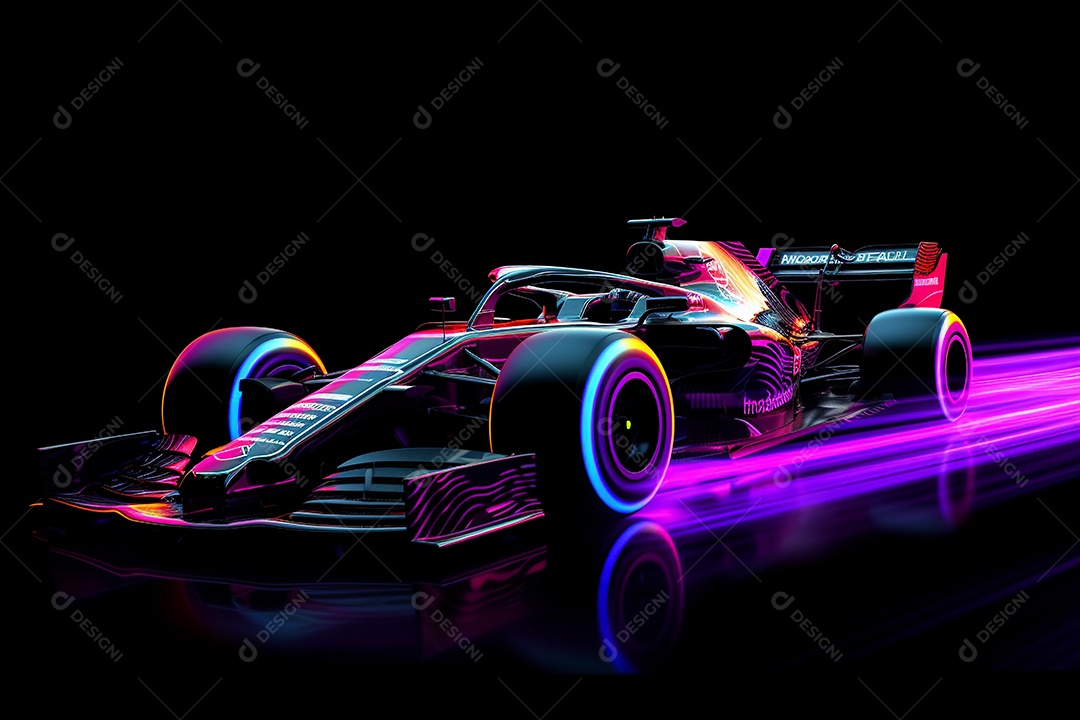 Carro de corrida neon de alta velocidade com linhas e luzes rosa e azuis brilhantes